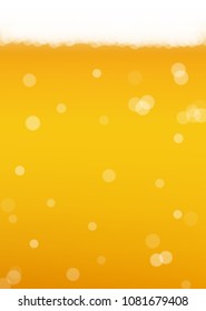 Beer background with realistic bubbles. Cool liquid drink for pub and bar menu design, banners and flyers. Yellow vertical beer background with white frothy foam. Cold pint of golden lager or ale.