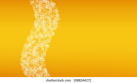 Beer background with realistic bubbles.  Cool beverage for restaurant menu design, banners and flyers.  Yellow horizontal beer background with white foam. Fresh cup of lager for brewery design.