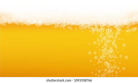 Beer background with realistic bubbles.  Cool liquid drink for pub and bar menu design, banners and flyers.  Yellow horizontal beer background with white foam. Cold pint of golden lager or ale.