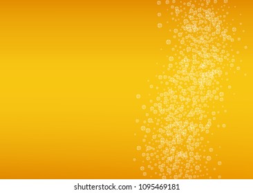 Beer background with realistic bubbles.  Cool beverage for restaurant menu design, banners and flyers.  Yellow horizontal beer background with white foam. Cold glass of ale for brewery design.