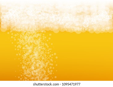 Beer background with realistic bubbles.  Cool liquid drink for pub and bar menu design, banners and flyers.  Yellow horizontal beer background with white foam. Cold glass of ale for brewery design.