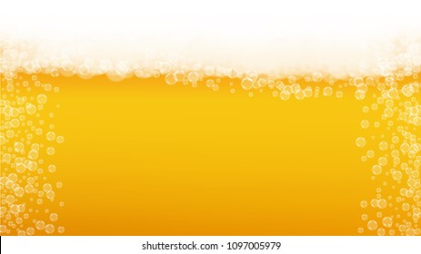 Beer background with realistic bubbles.  Cool liquid drink for pub and bar menu design, banners and flyers.  Yellow horizontal beer background with white foam. Fresh cup of lager for brewery design.