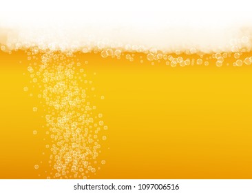 Beer background with realistic bubbles.  Cool liquid drink for pub and bar menu design, banners and flyers.  Yellow horizontal beer background with white foam. Cold glass of ale for brewery design.