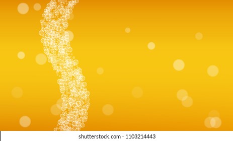 Beer background with realistic bubbles.  Cool liquid drink for pub and bar menu design, banners and flyers.  Yellow horizontal beer background with white foam. Cold glass of ale for brewery design.