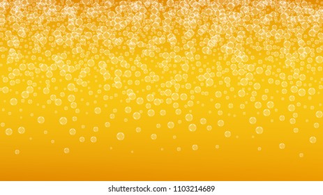 Beer background with realistic bubbles.  Cool liquid drink for pub and bar menu design, banners and flyers.  Yellow horizontal beer background with white foam. Cold glass of ale for brewery design.