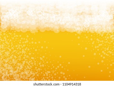 Beer background with realistic bubbles.  Cool liquid drink for pub and bar menu design, banners and flyers.  Yellow horizontal beer background with white foam. Cold pint of golden lager or ale.