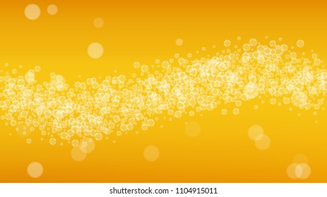 Beer background with realistic bubbles.  Cool liquid drink for pub and bar menu design, banners and flyers.  Yellow horizontal beer background with white foam. Fresh cup of lager for brewery design.