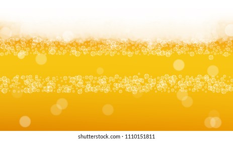 Beer background with realistic bubbles.  Cool liquid drink for pub and bar menu design, banners and flyers.  Yellow horizontal beer background with white foam. Fresh cup of lager for brewery design.