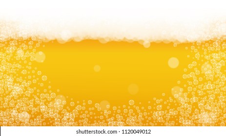 Beer background with realistic bubbles.  Cool liquid drink for pub and bar menu design, banners and flyers.  Yellow horizontal beer background with white foam. Cold pint of golden lager or ale.