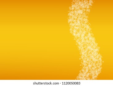 Beer background with realistic bubbles.  Cool liquid drink for pub and bar menu design, banners and flyers.  Yellow horizontal beer background with white foam. Cold glass of ale for brewery design.