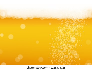 Beer background with realistic bubbles.  Cool beverage for restaurant menu design, banners and flyers.  Yellow horizontal beer background with white foam. Fresh cup of lager for brewery design.