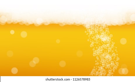 Beer background with realistic bubbles.  Cool beverage for restaurant menu design, banners and flyers.  Yellow horizontal beer background with white foam. Cold pint of golden lager or ale.