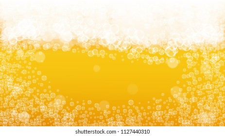 Beer background with realistic bubbles.  Cool beverage for restaurant menu design, banners and flyers.  Yellow horizontal beer background with white foam. Cold pint of golden lager or ale.