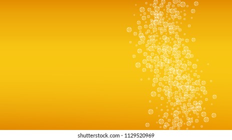 Beer background with realistic bubbles.  Cool beverage for restaurant menu design, banners and flyers.  Yellow horizontal beer background with white foam. Fresh cup of lager for brewery design.