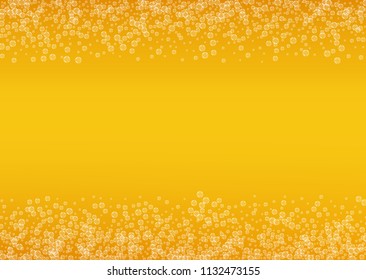 Beer background with realistic bubbles.  Cool liquid drink for pub and bar menu design, banners and flyers.  Yellow horizontal beer background with white foam. Cold glass of ale for brewery design.