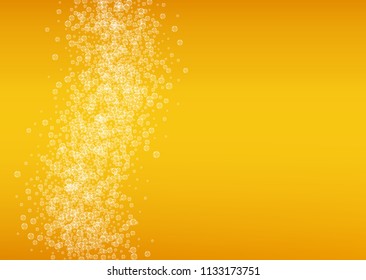 Beer background with realistic bubbles.  Cool beverage for restaurant menu design, banners and flyers.  Yellow horizontal beer background with white foam. Cold pint of golden lager or ale.