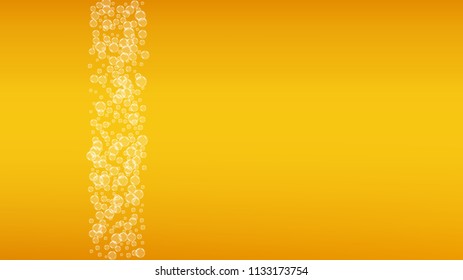 Beer background with realistic bubbles.  Cool liquid drink for pub and bar menu design, banners and flyers.  Yellow horizontal beer background with white foam. Fresh cup of lager for brewery design.