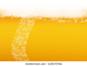 Beer background with realistic bubbles.  Cool beverage for restaurant menu design, banners and flyers.  Yellow horizontal beer background with white foam. Cold glass of ale for brewery design.