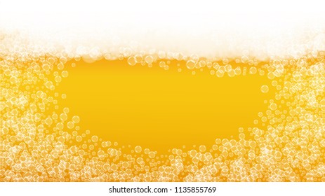 Beer background with realistic bubbles.  Cool liquid drink for pub and bar menu design, banners and flyers.  Yellow horizontal beer background with white foam. Cold pint of golden lager or ale.