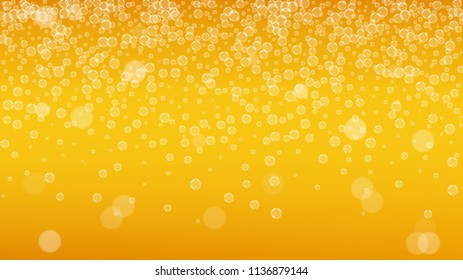 Beer background with realistic bubbles.  Cool beverage for restaurant menu design, banners and flyers.  Yellow horizontal beer background with white foam. Cold glass of ale for brewery design.