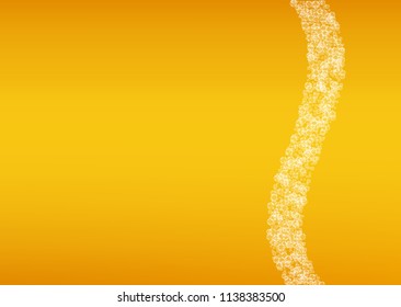 Beer background with realistic bubbles.  Cool liquid drink for pub and bar menu design, banners and flyers.  Yellow horizontal beer background with white foam. Cold glass of ale for brewery design.