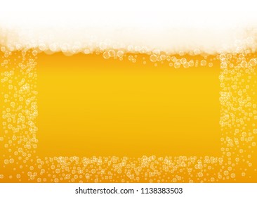 Beer background with realistic bubbles.  Cool liquid drink for pub and bar menu design, banners and flyers.  Yellow horizontal beer background with white foam. Cold glass of ale for brewery design.