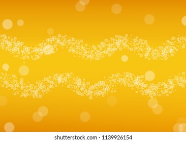Beer background with realistic bubbles.  Cool beverage for restaurant menu design, banners and flyers.  Yellow horizontal beer background with white foam. Fresh cup of lager for brewery design.