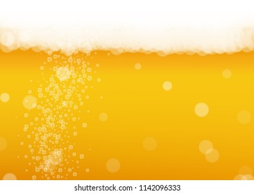 Beer background with realistic bubbles.  Cool liquid drink for pub and bar menu design, banners and flyers.  Yellow horizontal beer background with white foam. Cold glass of ale for brewery design.