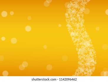 Beer background with realistic bubbles.  Cool beverage for restaurant menu design, banners and flyers.  Yellow horizontal beer background with white foam. Cold glass of ale for brewery design.