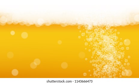 Beer background with realistic bubbles.  Cool beverage for restaurant menu design, banners and flyers.  Yellow horizontal beer background with white foam. Cold glass of ale for brewery design.