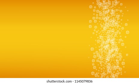 Beer background with realistic bubbles.  Cool liquid drink for pub and bar menu design, banners and flyers.  Yellow horizontal beer background with white foam. Fresh cup of lager for brewery design.