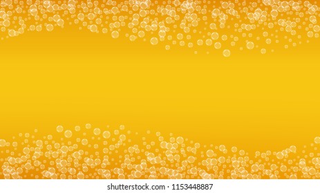 Beer background with realistic bubbles.  Cool liquid drink for pub and bar menu design, banners and flyers.  Yellow horizontal beer background with white foam. Fresh cup of lager for brewery design.