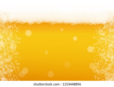 Beer background with realistic bubbles.  Cool beverage for restaurant menu design, banners and flyers.  Yellow horizontal beer background with white foam. Cold pint of golden lager or ale.