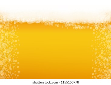 Beer background with realistic bubbles.  Cool liquid drink for pub and bar menu design, banners and flyers.  Yellow horizontal beer background with white foam. Cold pint of golden lager or ale.