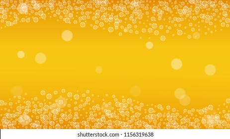 Beer background with realistic bubbles.  Cool liquid drink for pub and bar menu design, banners and flyers.  Yellow horizontal beer background with white foam. Cold pint of golden lager or ale.