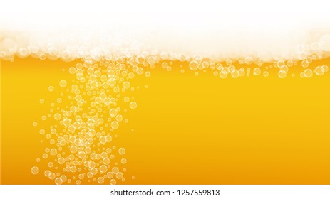 Beer background with realistic bubbles.  Cool liquid drink for pub and bar menu design, banners and flyers.  Yellow horizontal beer background with white foam. Cold pint of golden lager or ale.