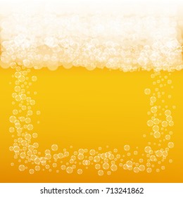 Beer background with realistic bubbles. Cool liquid drink for pub and bar menu design, banners and flyers. Yellow square beer background with white frothy foam. Fresh cup of lager for brewery design.