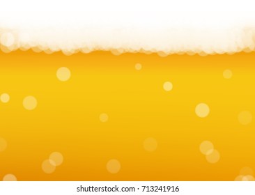 Beer background with realistic bubbles. Cool beverage for restaurant menu design, banners and flyers. Yellow horizontal beer background with white frothy foam. Cold pint of golden lager or ale.
