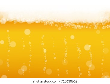 Beer background with realistic bubbles. Cool beverage for restaurant menu design, banners and flyers. Yellow horizontal beer background with white frothy foam. Cold pint of golden lager or ale.
