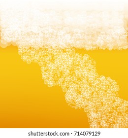 Beer background with realistic bubbles. Cool liquid drink for pub and bar menu design, banners and flyers. Yellow square beer background with white frothy foam. Fresh cup of lager for brewery design.