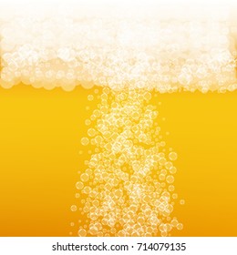 Beer background with realistic bubbles. Cool liquid drink for pub and bar menu design, banners and flyers. Yellow square beer background with white frothy foam. Fresh cup of lager for brewery design.