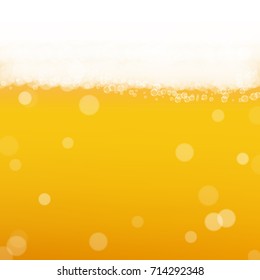 Beer background with realistic bubbles. Cool liquid drink for pub and bar menu design, banners and flyers. Yellow square beer background with white frothy foam. Cold glass of ale for brewery design.