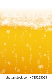 Beer background with realistic bubbles. Cool liquid drink for pub and bar menu design, banners and flyers. Yellow vertical beer background with white frothy foam. Cold pint of golden lager or ale.