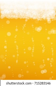 Beer background with realistic bubbles. Cool beverage for restaurant menu design, banners and flyers. Yellow vertical beer background with white frothy foam. Cold pint of golden lager or ale.