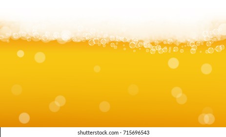 Beer background with realistic bubbles. Cool beverage for restaurant menu design, banners and flyers. Yellow horizontal beer background with white frothy foam. Cold glass of ale for brewery design.