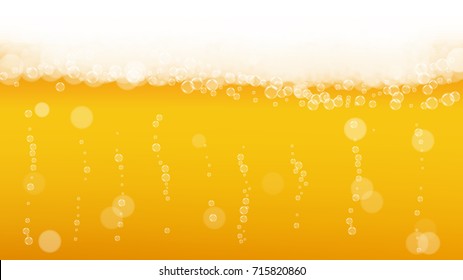 Beer background with realistic bubbles. Cool beverage for restaurant menu design, banners and flyers. Yellow horizontal beer background with white frothy foam. 