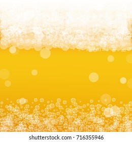 Beer background with realistic bubbles. Cool liquid drink for pub and bar menu design, banners and flyers. Yellow square beer background with white frothy foam. Cold pint of golden lager or ale.