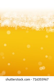 Beer background with realistic bubbles. Cool liquid drink for pub and bar menu design, banners and flyers. Yellow vertical beer background with white frothy foam. Cold glass of ale for brewery design.