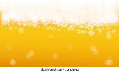 Beer background with realistic bubbles. Cool beverage for restaurant menu design, banners and flyers. Yellow horizontal beer background with white frothy foam. Fresh cup of lager for brewery design.