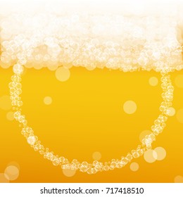 Beer background with realistic bubbles. Cool liquid drink for pub and bar menu design, banners and flyers. Yellow square beer background with white frothy foam. Fresh cup of lager for brewery design.